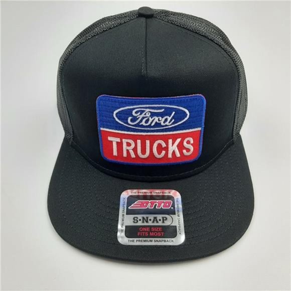 Ford Trucks Retro Flat Bill Baseball Cap Hat Embroidered Patch Mesh Black F150 - Picture 2 of 5